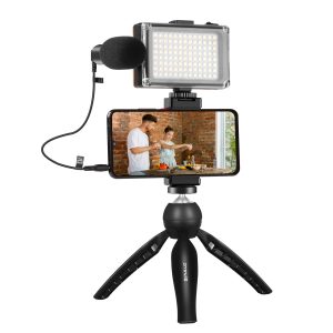 Puluz live recording set tripod + LED light + Mikrofonas + phone clip PKT3132B-1